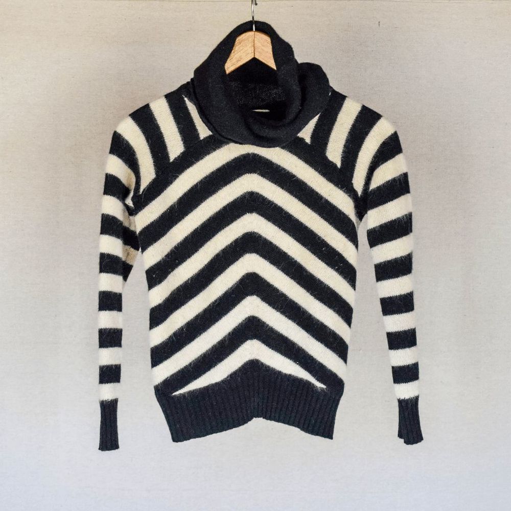 Vintage 50s 60s Angora + Lambswool Black and White Striped Cowl Neck Sweater